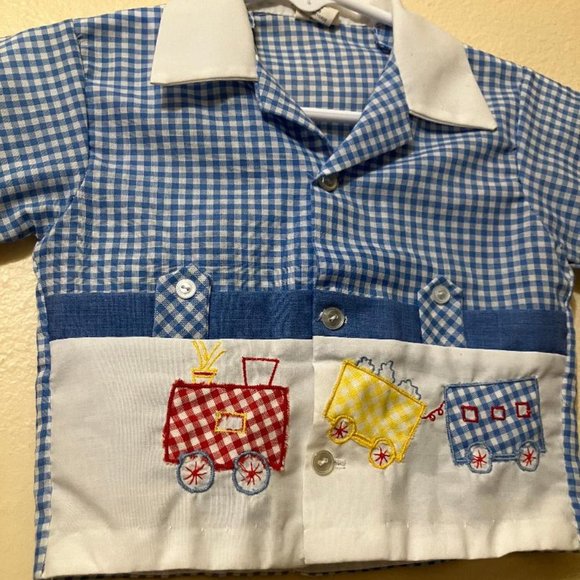 Vintage Unbranded Baby Blue Gingham Embroidered Train Button Up Shirt Size 0-3m - Picture 2 of 5